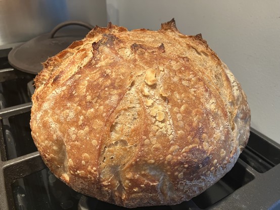 A crusty golden brown boule with darker ears, sitting on a stove grate. 