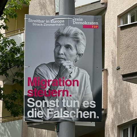 Foto eines FDP Wahlplakats mit dem Bild einer kandidierenden Person und dem Text „Migration steuern. Sonst tun es die Falschen.“