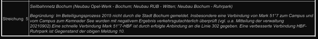 Screenshot einer Vorlage des Rats der Stadt Bochum: Maßnahmen der Landesliste mit initialen Vorschlägen, welche die Stadt Bochum nicht für den ÖPNV-Bedarfsplan anmelden wird:

