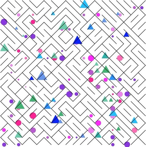 Zufälliges Muster aus zwei Fliesen mit je einer Diagonale, ähnelt einem Labyrinth. Dahinter kleine bunte Dreiecke und Punkte, ähnlich wie Konfetti, deren Farbe, Größe und Position ebenfalls zufällig ist. 