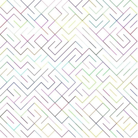 Zufälliges Muster aus zwei Fliesen mit je einer Diagonale, ähnelt einem Labyrinth, die einzelnen Striche sind unterschiedlich farbig. 